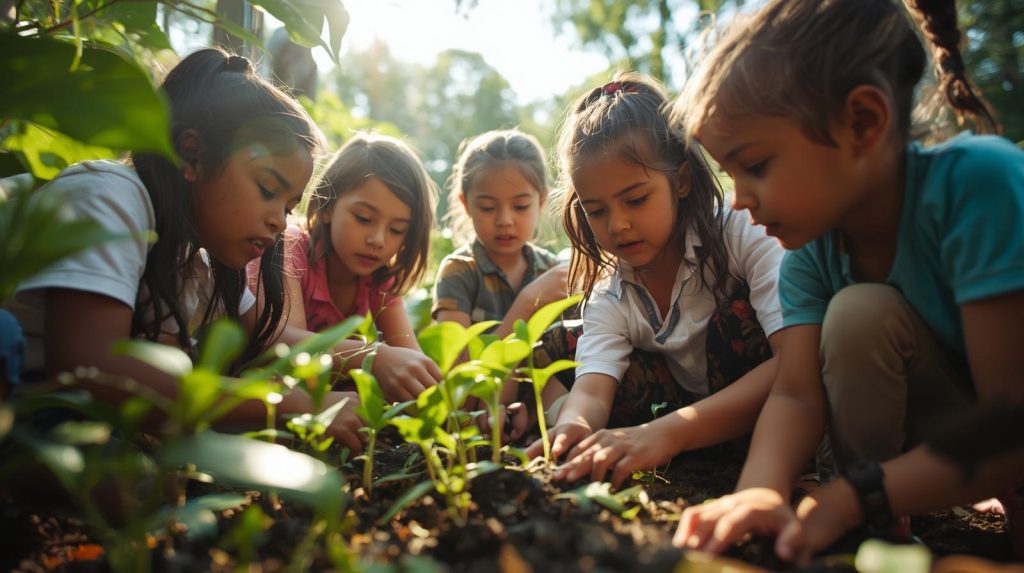 jeunes autour d'une plante